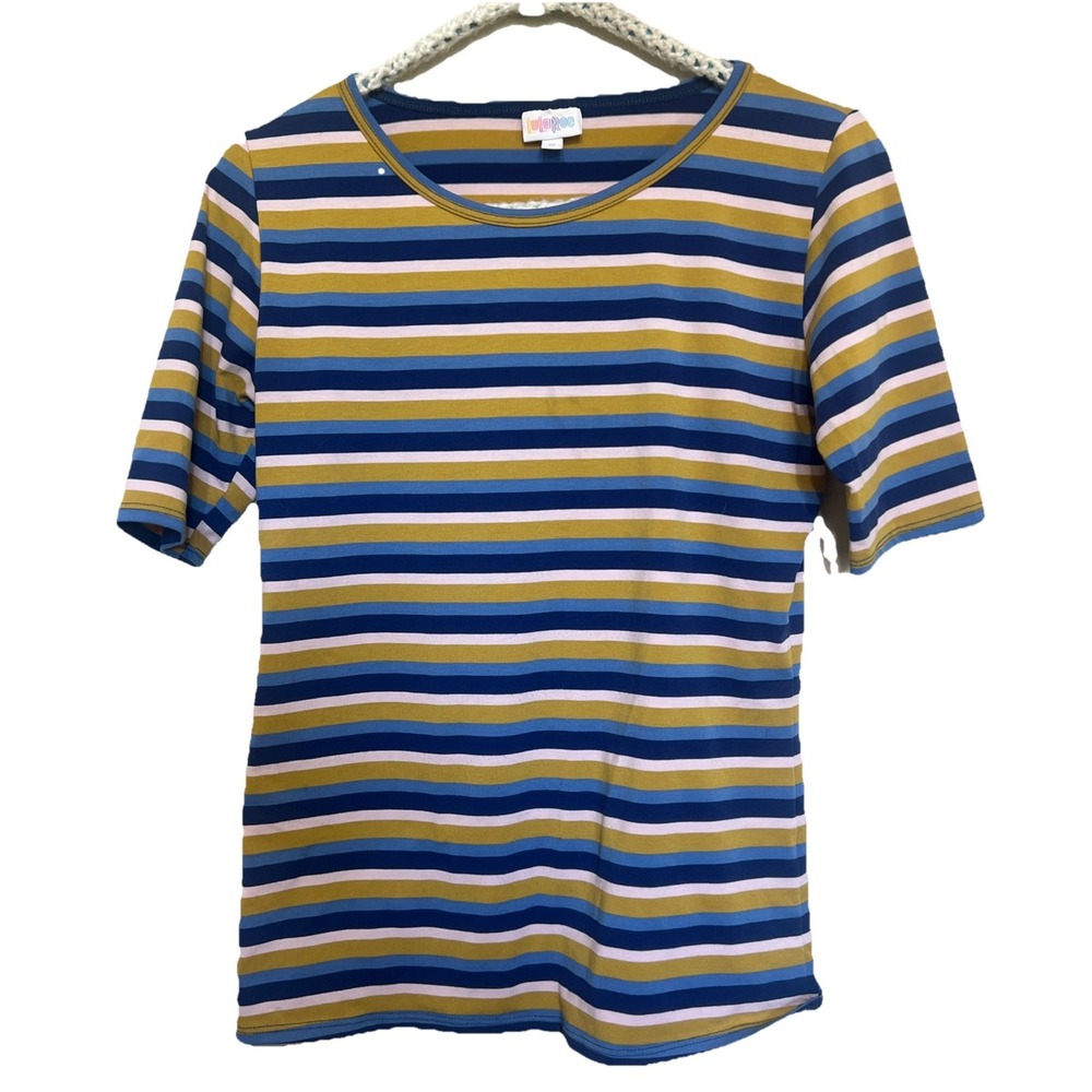 Women's LULAROE Blue/Yellow Striped Short Sleeve Top Shirt Size M Medium
